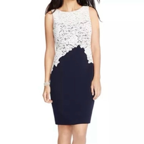Lauren Ralph Lauren Sheath Dress 12P Blue White Lace Combo Sleeveless - Picture 1 of 10